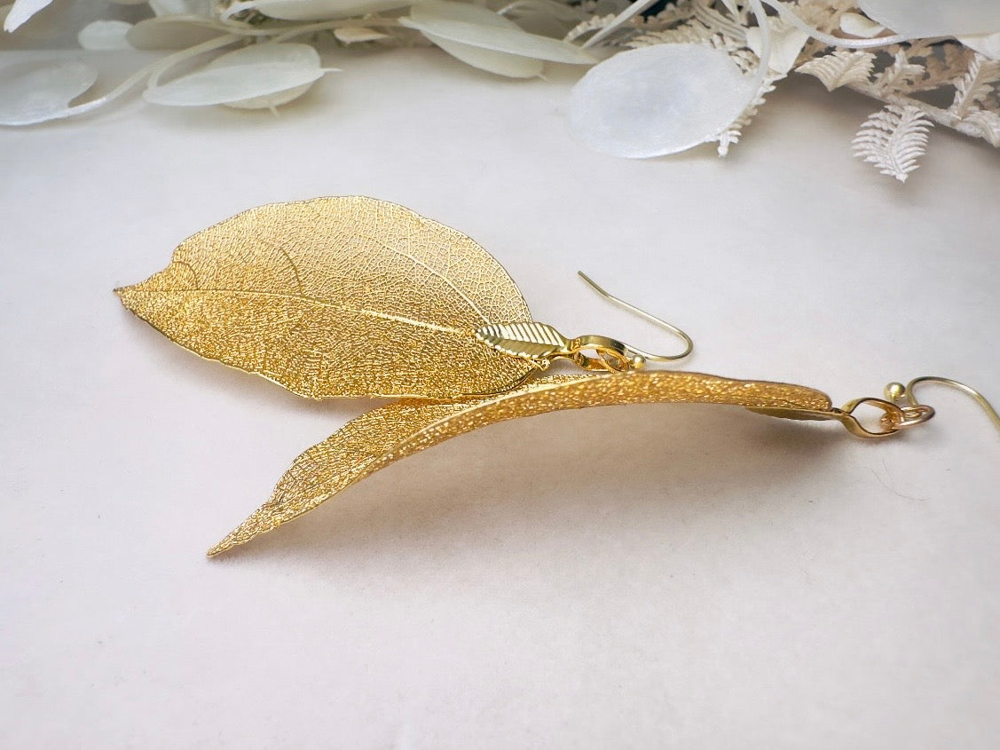 Gold Leaf Earrings, Handmade 14kt Gold Real Leaf Dangle Earrings