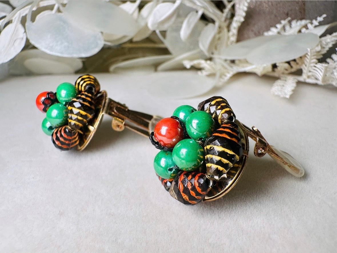 60s Beaded Clip On Earrings, Unique Vintage Retro Earrings in Red and Green, Made in Hong Kong