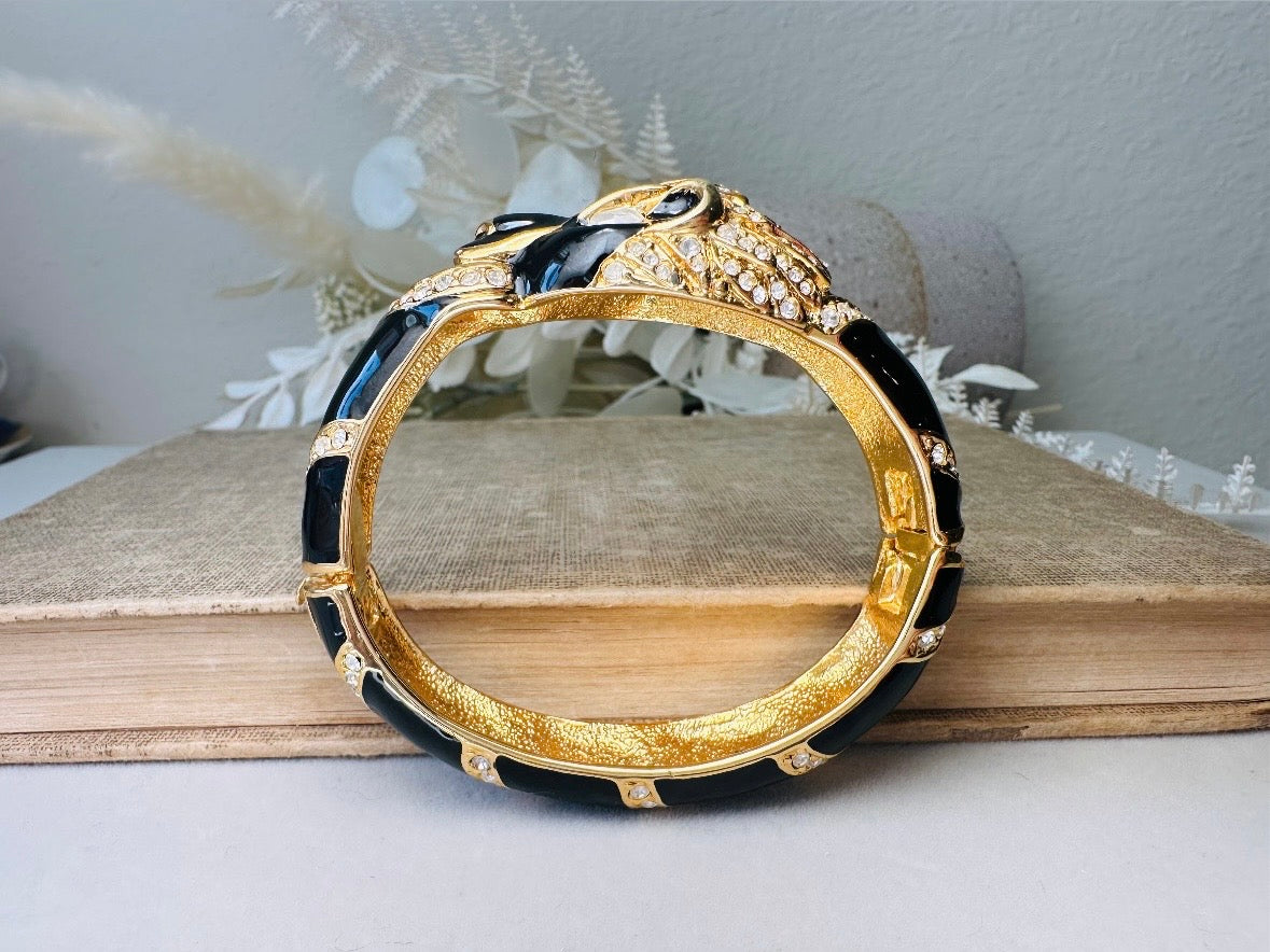 Vintage Giorgio Black Panther Bracelet, Black Enamel Pave Rhinestone and Gold Signed 80s Designer Cuff