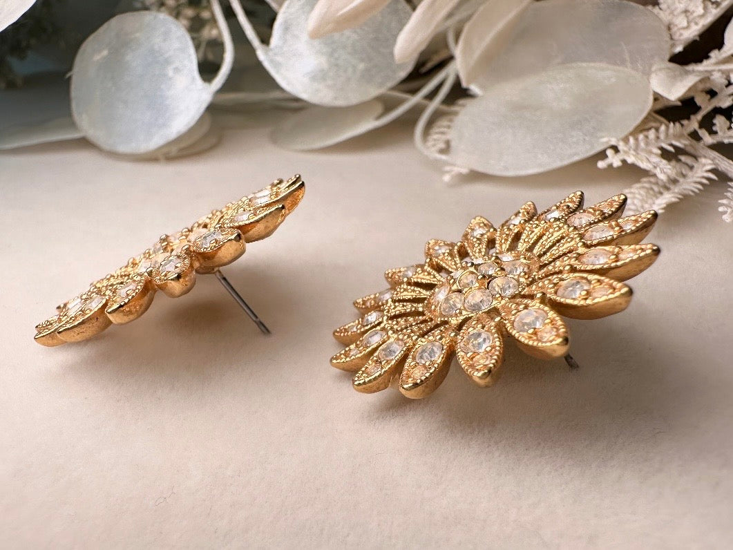Vintage Rhinestone Flower Earrings, Diamond Crystal Sunflower Vintage Earrings, Pierced Statement Oversized Sparkling Gold Flower Earrings