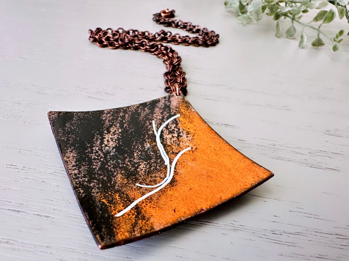 Vintage Artisan Metal Necklace, Square Orange Black and White Copper Pendant and 18" Chain, Funky Abstract Retro Necklace