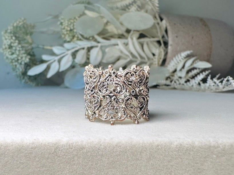 Silver Filigree Ring, Antique Silver Lace Ring with Hearts + Cut Outs, Vintage Statement Ring, Thick Band Costume Cocktail Ring, Size 6