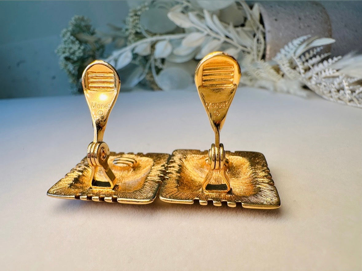 Vintage Monet Earrings, Big Gold Square Earrings, Vintage 80s Monet Clip On Earrings, 1980s Large Gold Puffy Square Geometric Earrings
