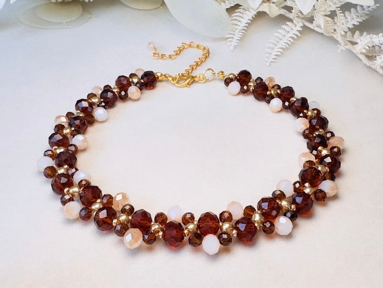 Crystal Choker Necklace, Handmade Beaded Necklace in Fiery Brown, Gold, Amber and Champagne