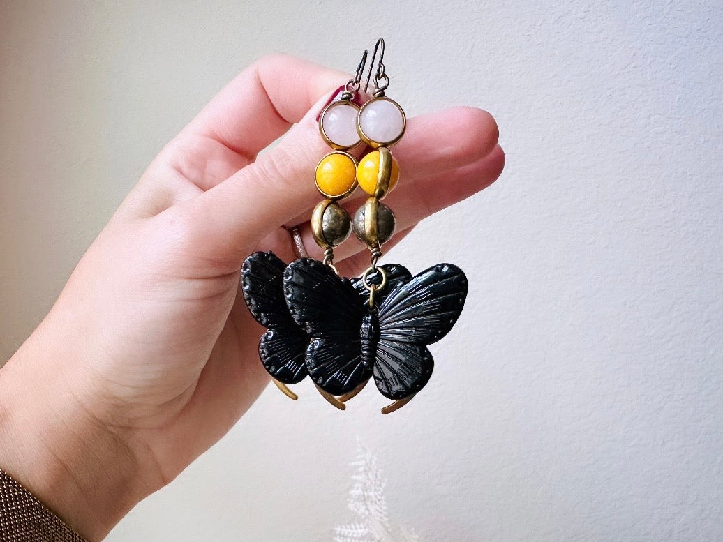 Gemstone Butterfly Earrings, Whimsical Boho Handmade Earrings, Rose Quartz Yellow Jade & Pyrite Orbs in Bronze Frames Black Butterfly Moon