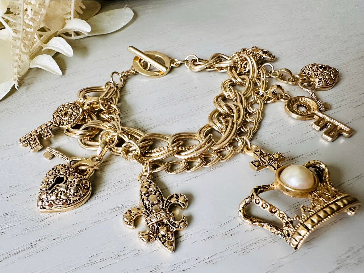 Vintage Charm Bracelet, Gold Triple Chain Bracelet with Hearts, Keys, fleur de lis Pearl Goldtone Bracelet, Vintage Gifts for Her 8.25” Long