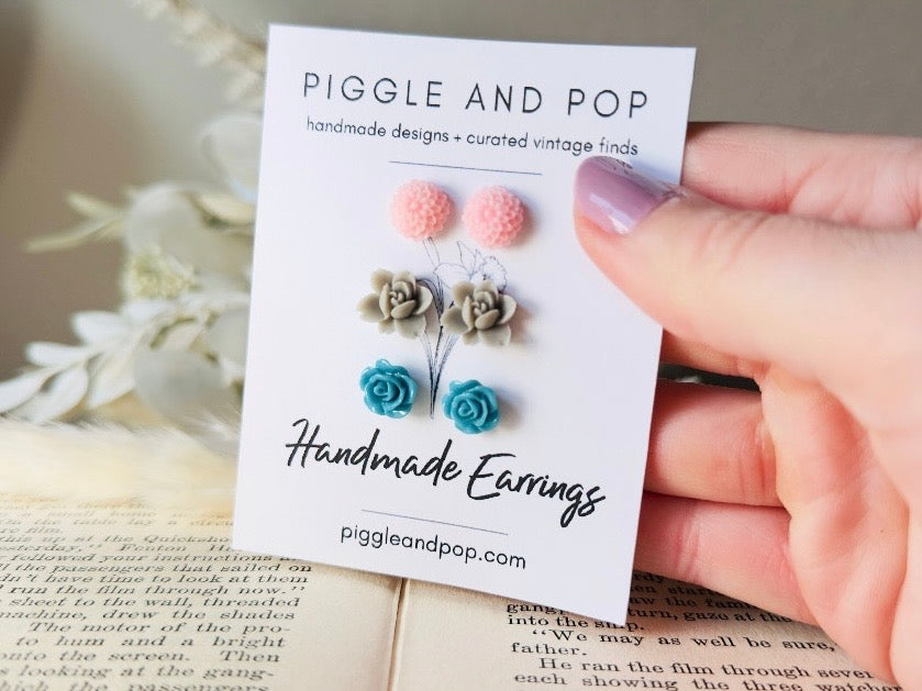 Flower Post Earrings Set in Pink Grey and Teal, Hypoallergenic for Sensitive Ears