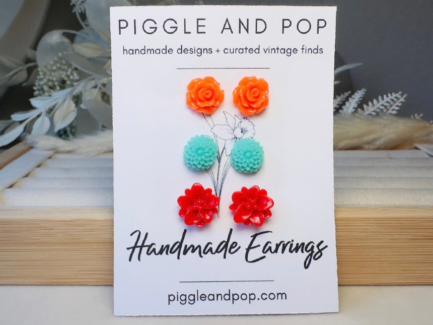Flower Earring Stud Set in Orange, Teal and Red, Handmade Colorful Hypoallergenic Surgical Steel Post Earrings