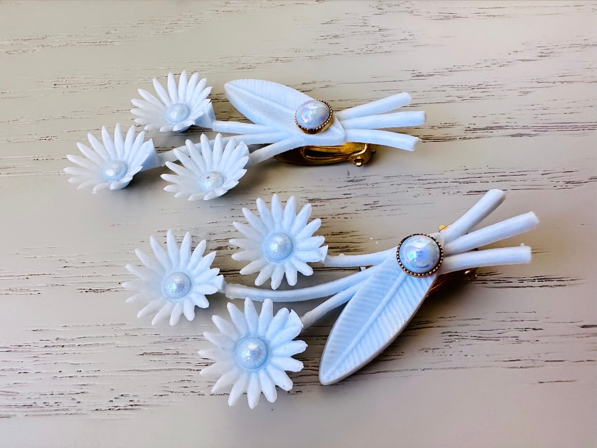Ice Blue Flower Earrings, 50s Vintage Blue Celluloid Climber Earrings, Blue Soft Plastic Flower Earring w Pearls Dramatic Floral Clip Ons