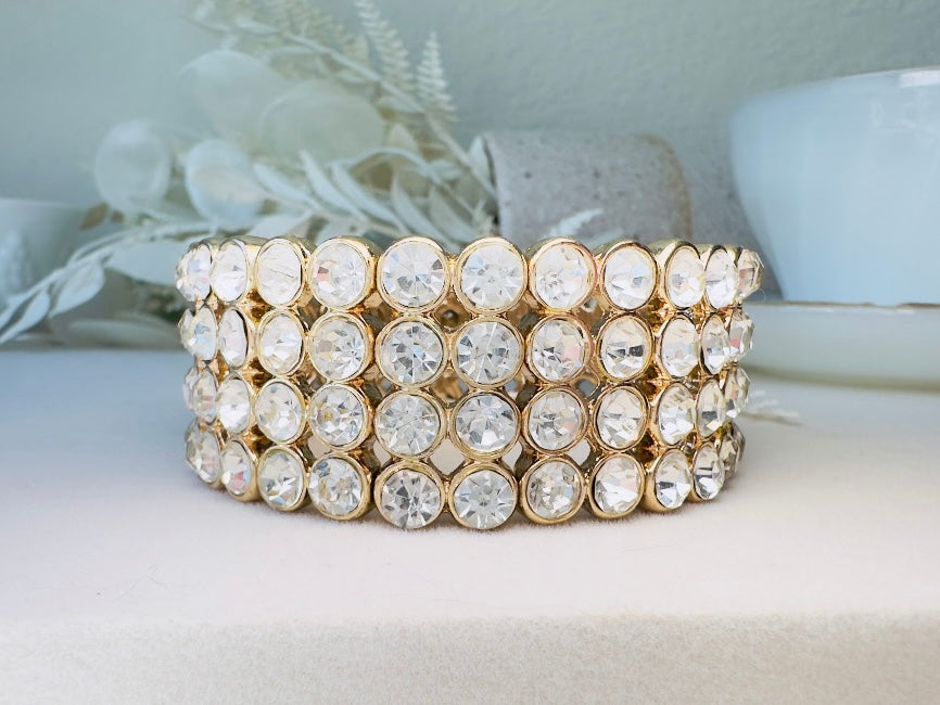 Vintage Rhinestone Stretch Bracelet, Sparkling Wide Band 4 Four Layer Cuff
