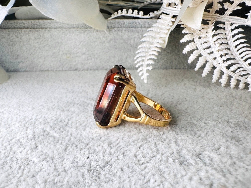 Vintage 70s Ring, Large Solitaire Topaz Rectangle Emerald Cut 1978 Smoky Lustre November Birthstone Cocktail Ring, Chunky Costume Jewelry