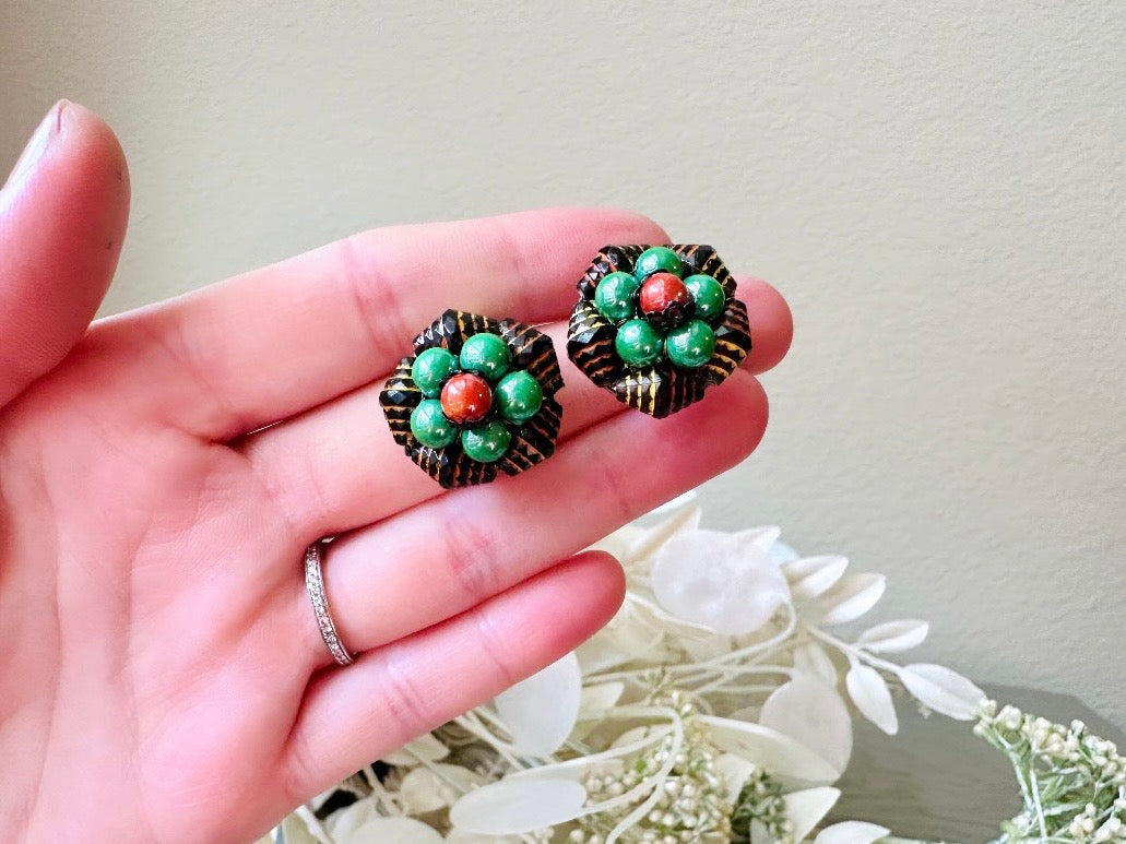 Red and Green Vintage Earrings, Unique 1960s Beaded Clip On Earrings, Made in Hong Kong, Super Cool Mod Pop Retro Authentic 60s Earrings