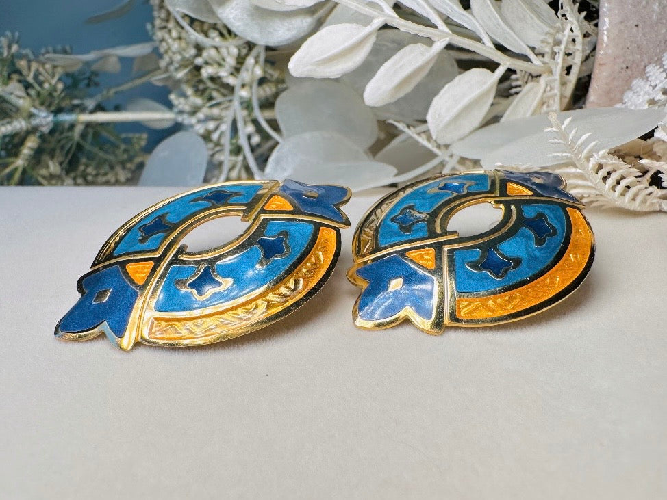 Blue and Gold Etruscan Earrings, Vintage Berebi Enamel Earrings, Grecian Oversized Statement Earrings