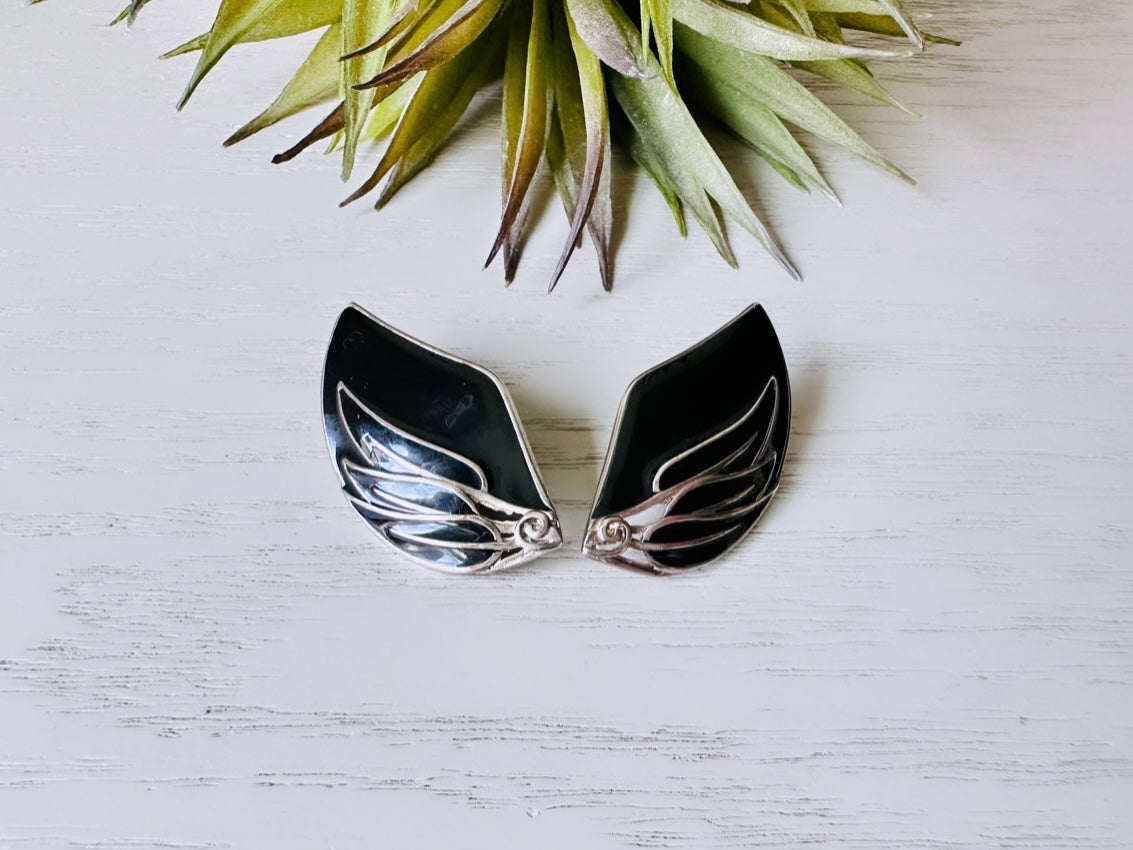 Vintage Berebi Black Wing Earrings, 1980s Silver Pierced Post Earrings, Rare Vintage Berebi Earrings, 80s Dramatic Black Swan Earrings