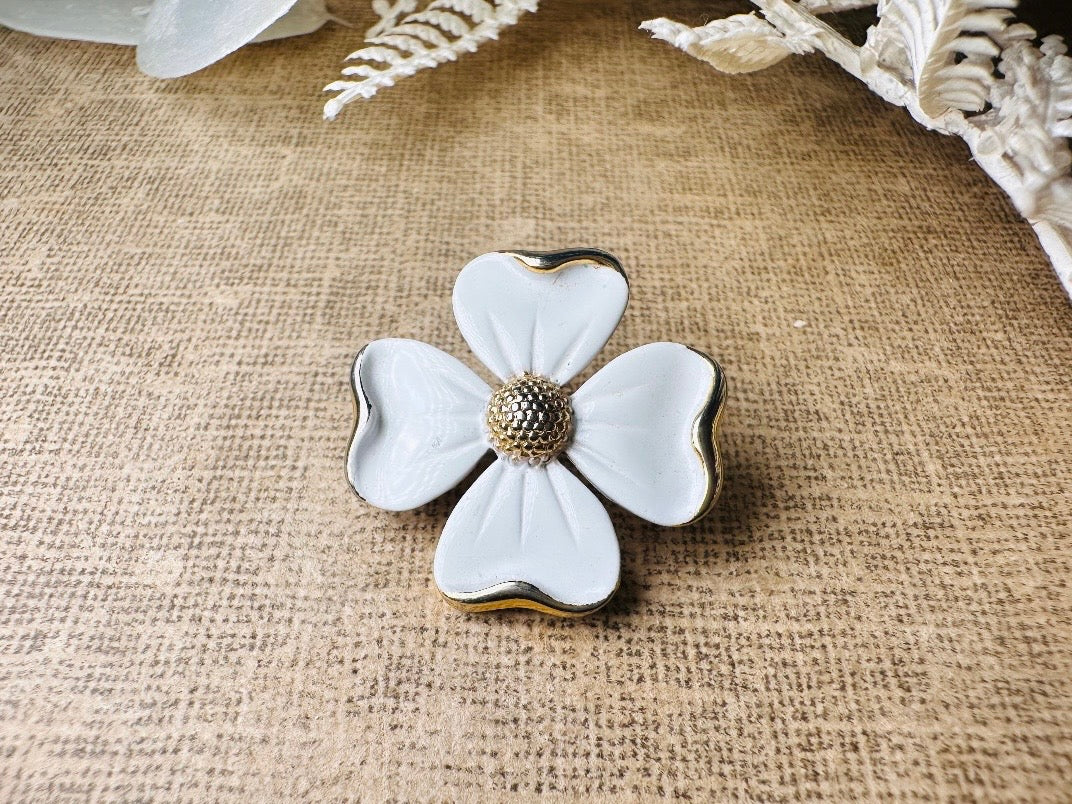 White Dogwood Brooch with Gold Trim, Vintage Flower Brooch, White Enamel Floral Pun, Pretty Flower Shabby Chic Wedding Something Old Bride