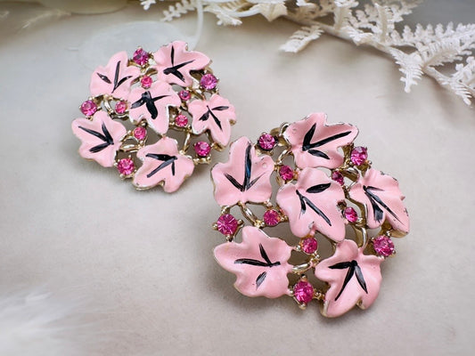 Pink Floral Earrings, Oversized Vintage Enamel Leaf Earrings, Coquette Style Rhinestone & Enamel 1950s Cluster Clip On Earrings