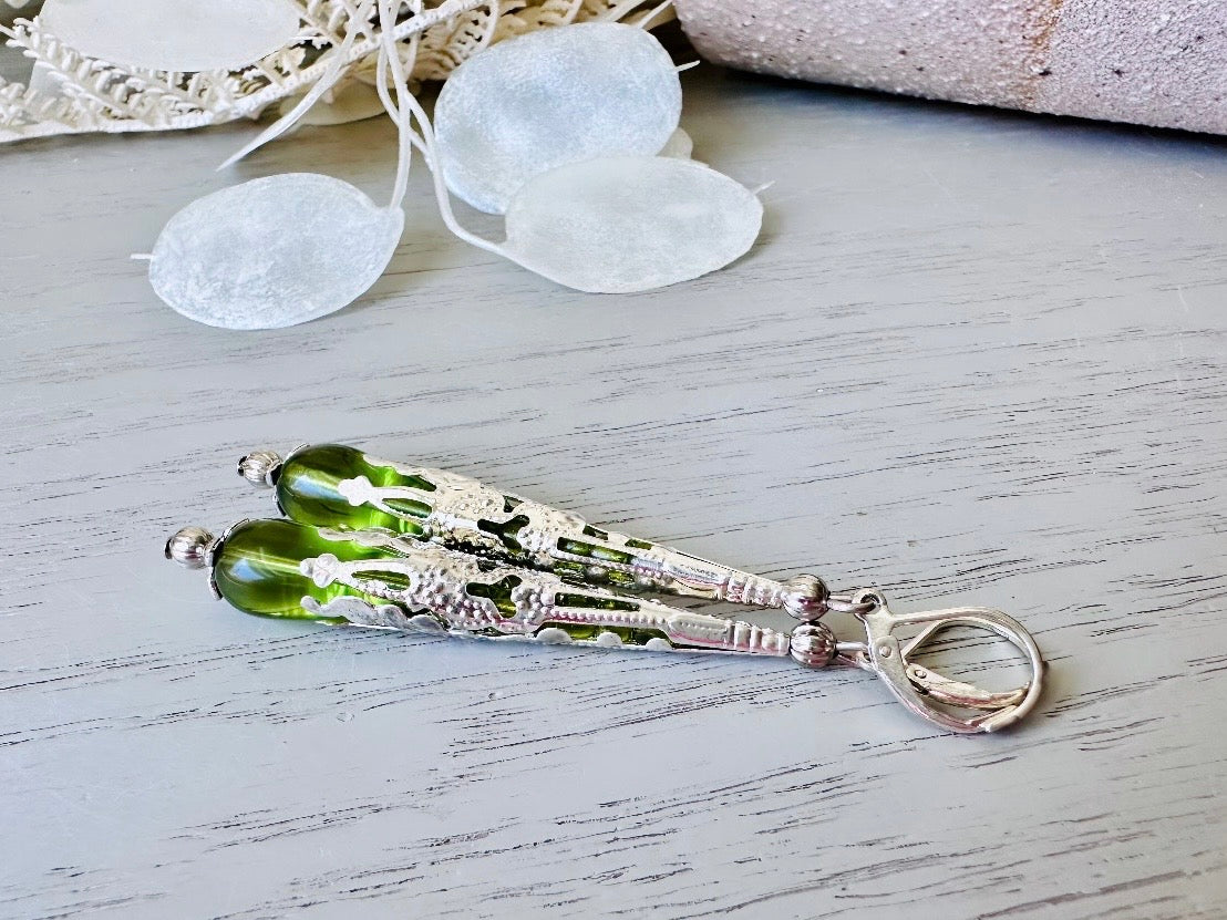 Green Teardrop Earrings, Handmade Art Nouveau Earrings, Silver Filigree Cones, Long Glass Pierced Dangle Drops, Green Earrings