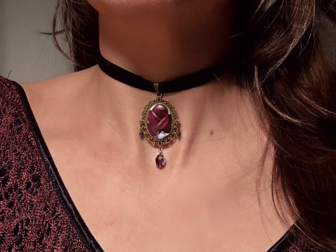 Victorian Choker with Burgundy Rose Vintage Cameo and Black Velvet Ribbon, Handmade Gothic Choker with Flower Pendant and Crystals
