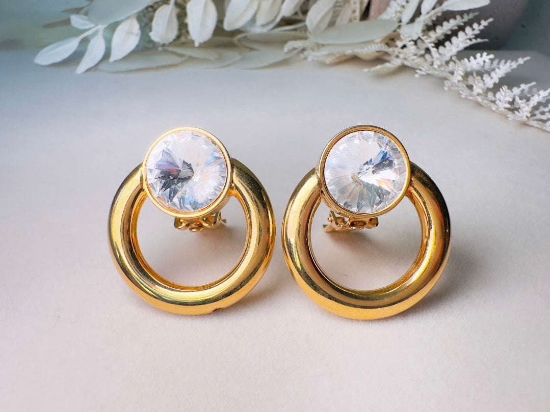 Bold 80s Door Knocker Earrings, Vintage Gold Hoop Earrings with Diamond Rhinestone Clip Earrings, Elegant 1980s Retro Fashion Earrings