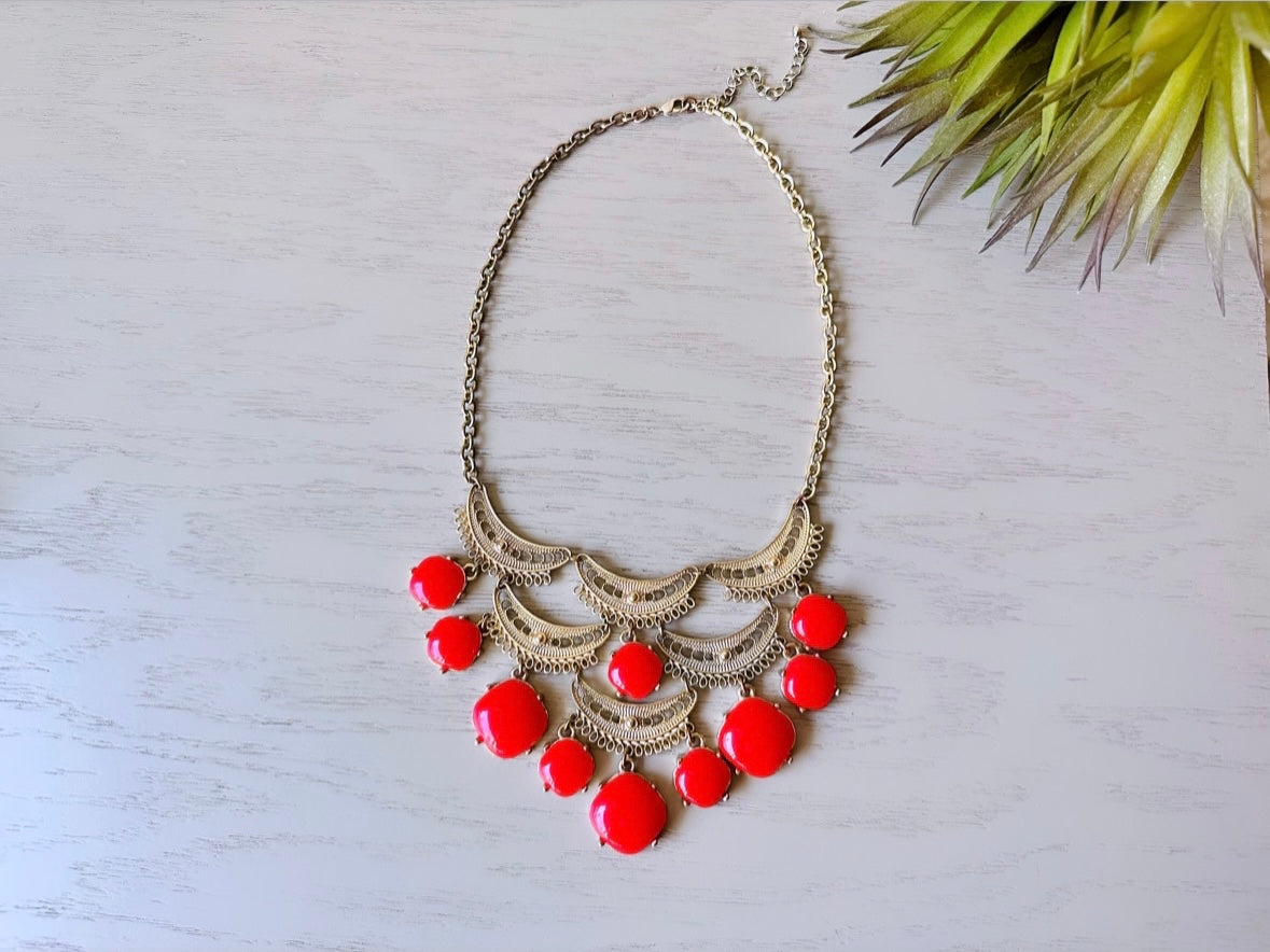 Red and Gold Vintage Statement Necklace, Bubble Bib Necklace, Gold Filigree Fan and Red Rhinestone Cocktail Necklace, Big Holiday Necklace