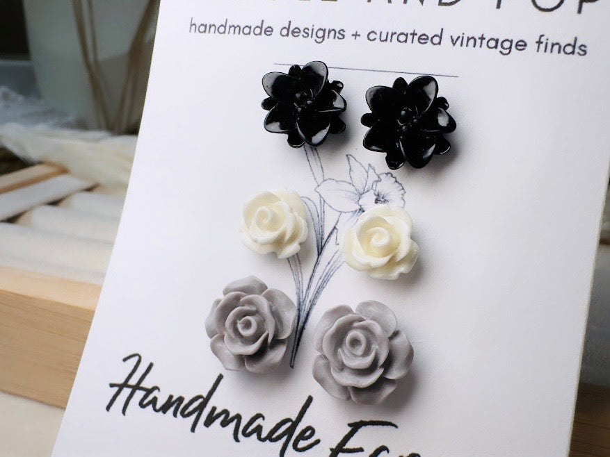 Black White Grey Flower Stud Earrings Set, Small Resin Flower Earrings, Monochrome Post Earrings, Matte and Glossy Black and White Earrings