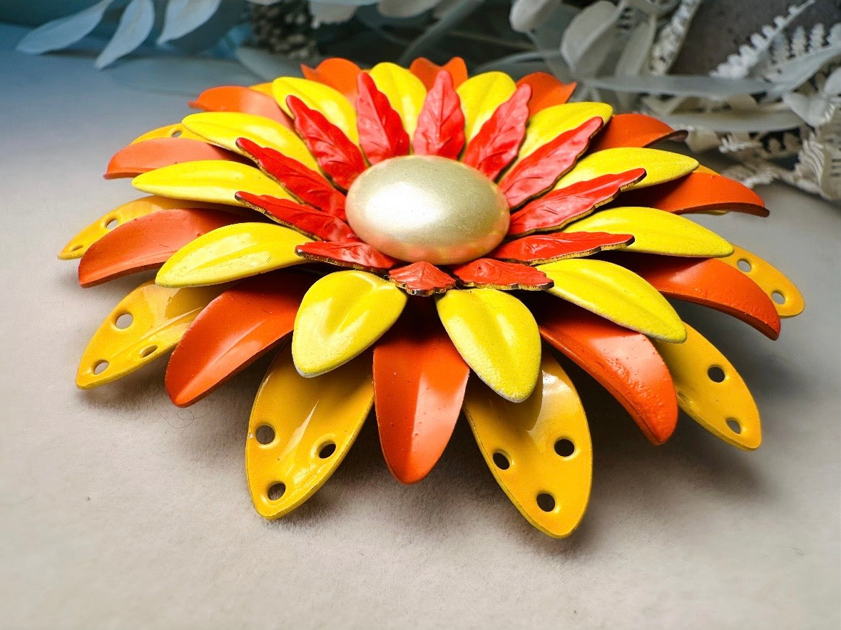 Huge Vintage Flower Brooch, Oversized 1960s Mod Flower Power Enamel Pin in Yellow Orange + Red, Colorful Floral Pin with Pearl Center