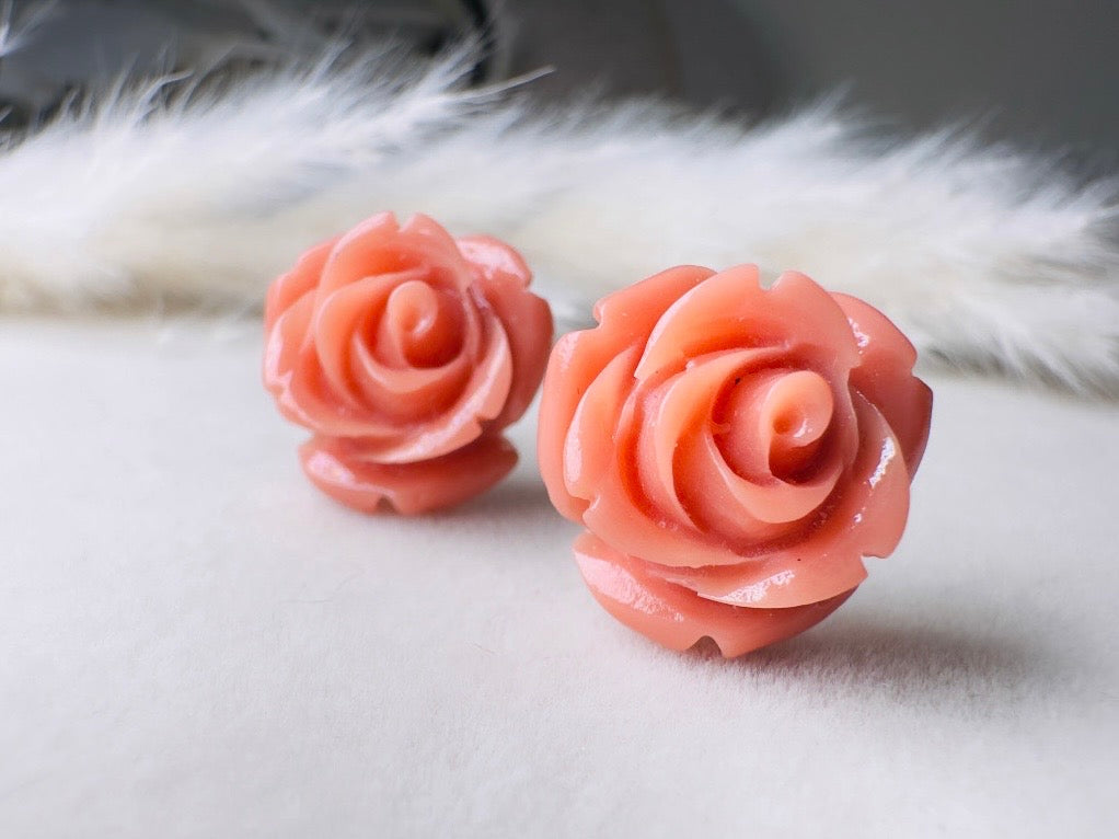 Coral Pink Rose Earrings, Large Rose Stud Earrings, Resin Cabochon Rosettes Hypoallergenic Surgical Steel Handmade Earrings Sensitive Ears