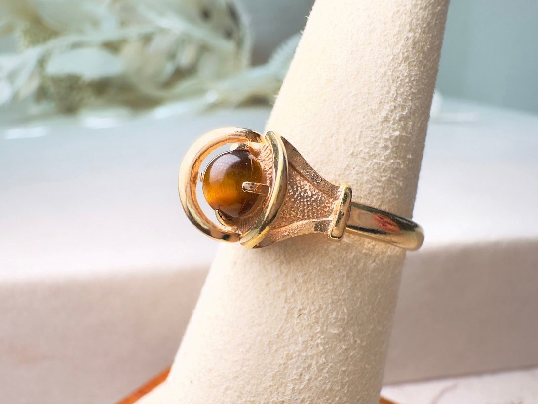 Tigers Eye Ring, 14kt Gold Vintage Gemstone Ring, Beautiful Boho 70s Genuine Tiger's Eye Ring from 1978, Adjustable Size 7