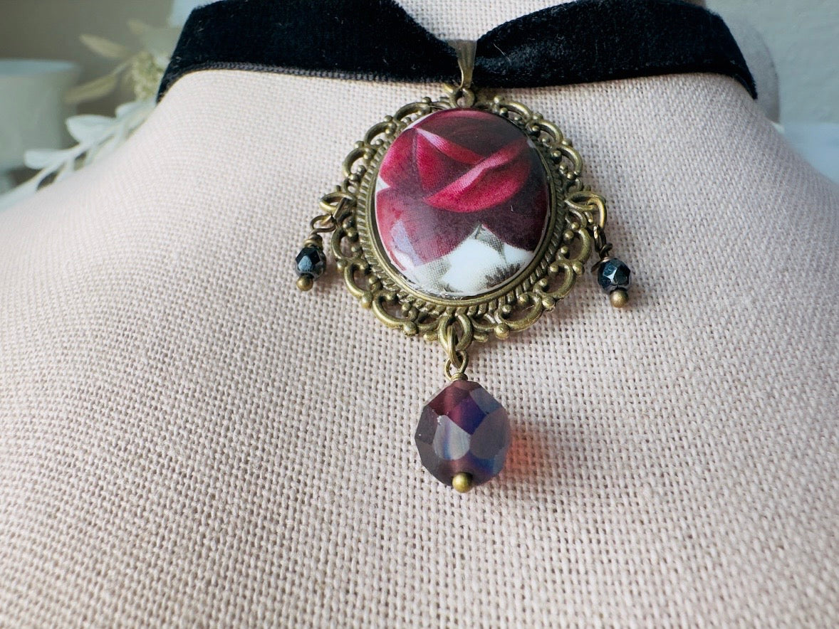 Victorian Choker with Burgundy Rose Vintage Cameo and Black Velvet Ribbon, Handmade Gothic Choker with Flower Pendant and Crystals