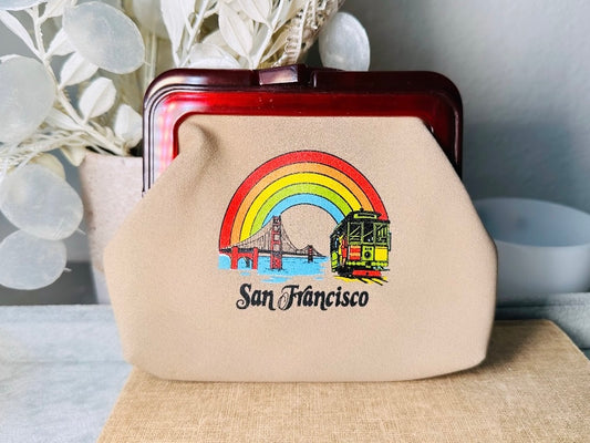 Vintage Rainbow Purse, Cute 1970s San Francisco Souvenir Mini Purse, Tan w Lucite Handles, Vintage California Keepsake