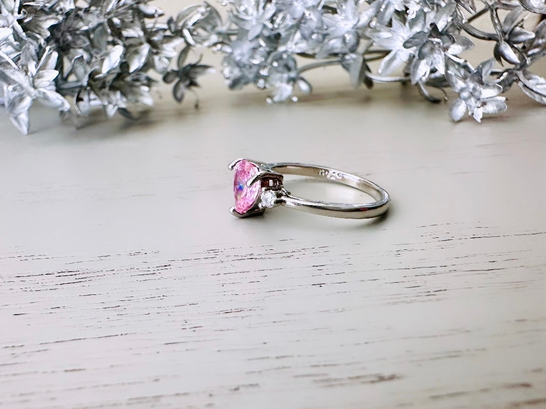 Vintage Heart Ring, Size 7 Fitted Ring, Valentine's Day Sparkling Pink Heart with Two Prong Set Diamond Rhinestones, Pretty Sweetheart Ring