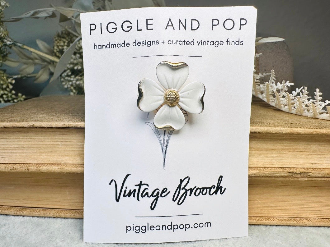 White Dogwood Brooch with Gold Trim, Vintage Flower Brooch, White Enamel Floral Pun, Pretty Flower Shabby Chic Wedding Something Old Bride