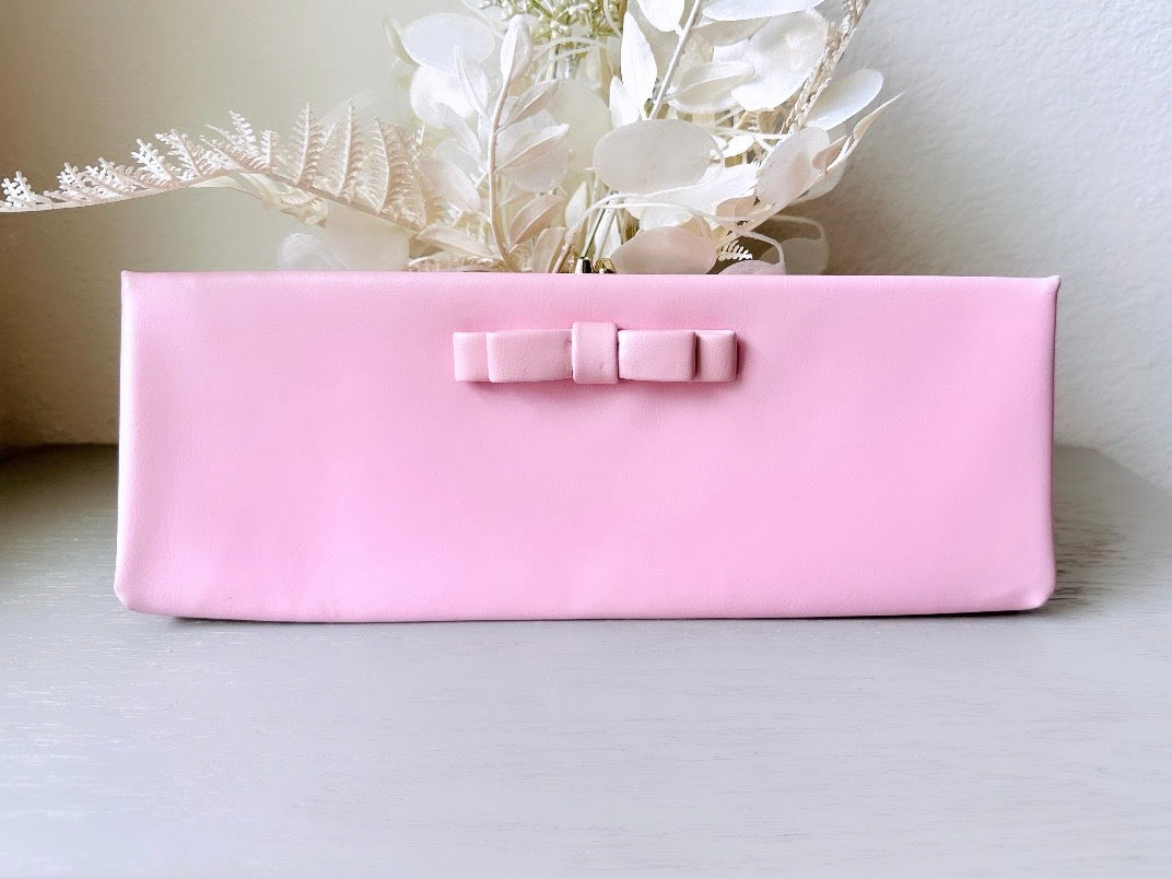 Bubblegum Pink 1960s Vintage Clutch, Barbie Pink Rectangular Leather Clutch Purse with Bow + Striped Interior, VTG Designer Harry Levine from Piggle and Pop