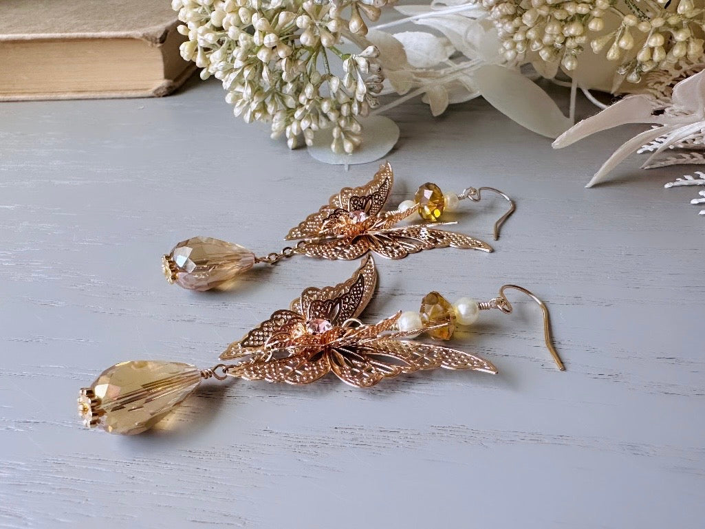 Golden Butterfly Earrings, Handmade Gold Filigree Butterfly Long Dangle Earrings, Gold Crystal and Pearl 14kt Gold, Faerie Wedding Earrings