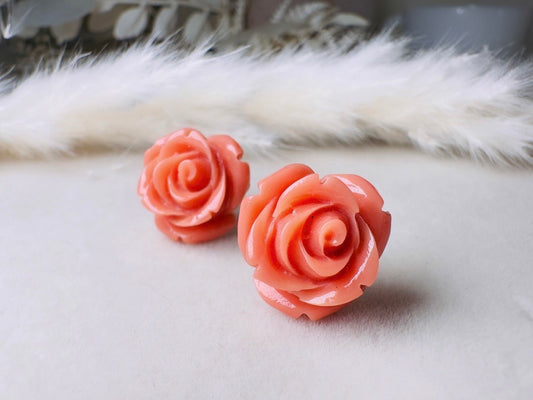 Coral Pink Rose Earrings, Large Rose Stud Earrings, Resin Cabochon Rosettes Hypoallergenic Surgical Steel Handmade Earrings Sensitive Ears
