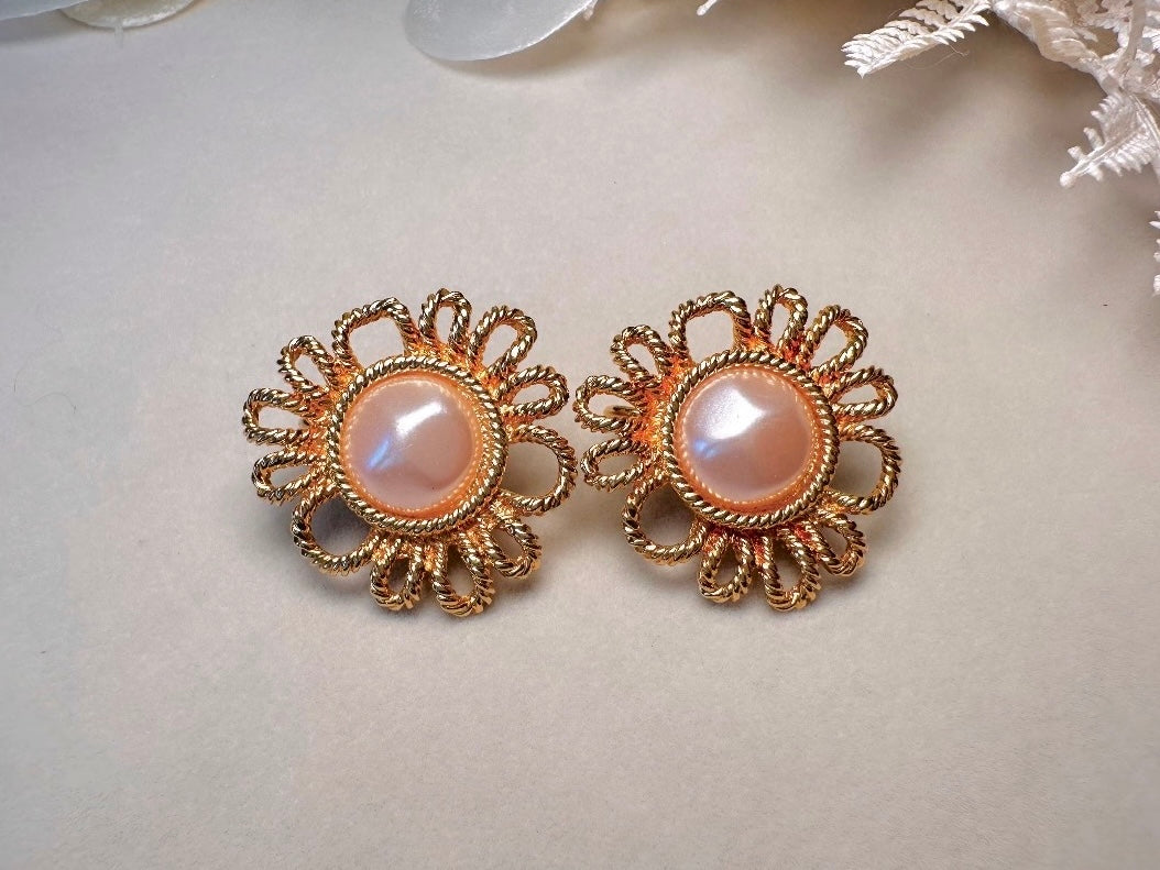 Vintage Blush Pearl Earrings, Gorgeous Pink Faux Pearl Cabochon & Burnished Gold Floral Clip On Earrings