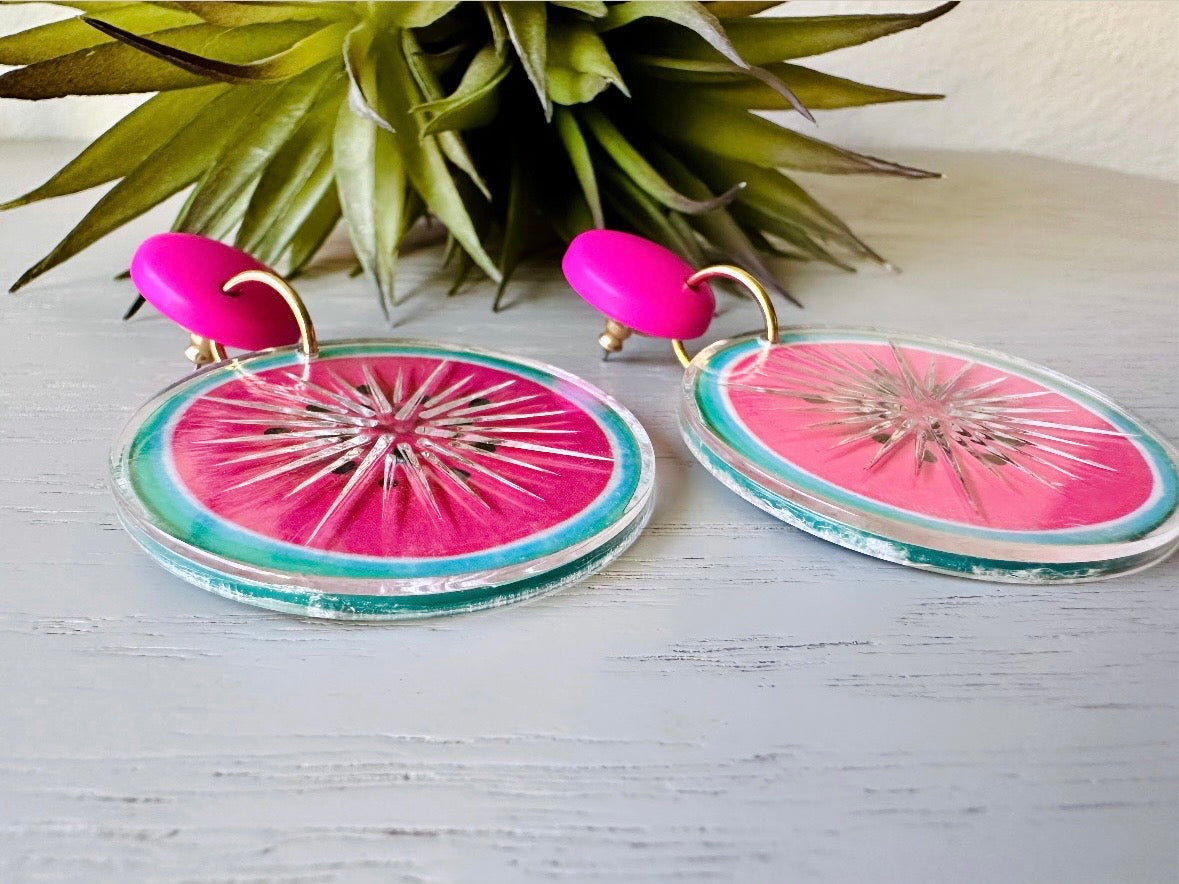 Vintage Watermelon Earrings, Hot Pink 1993 Tooty Fruity Summer Fruit Earrings, Vintage Acrylic 90s Does 60s Retro Watermelon Slice Earrings