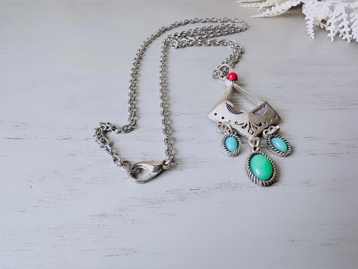 70s Vintage Long Silver Charm Necklace, Silver Tone Southwestern Necklace with Turquoise and Red Stones, Beautiful Vintage Pendant Necklace