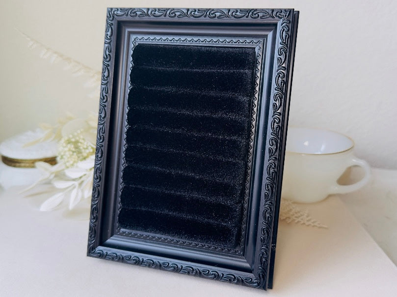 002 Black Velvet Jewelry Display Frame, Handmade Victorian Style Midnight Black Ring Holder