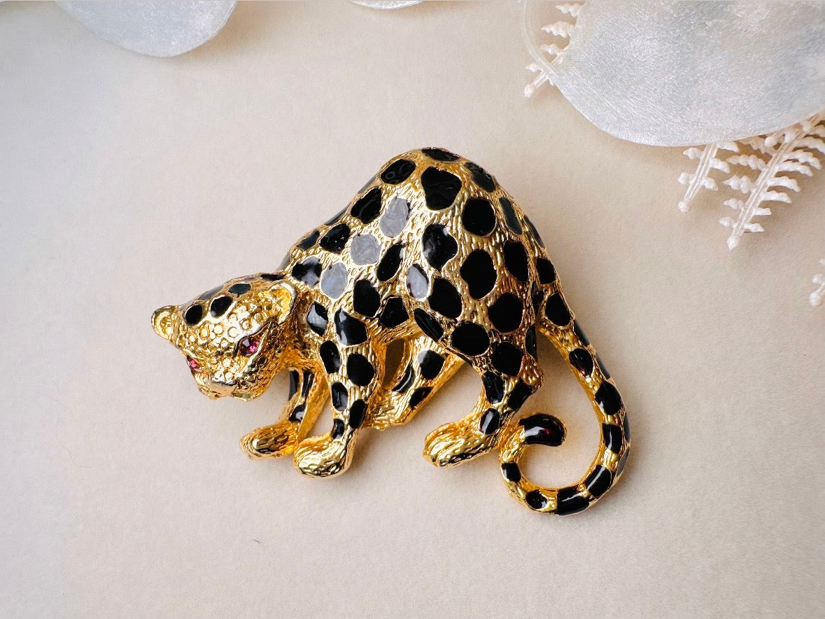 Spotted Leopard Vintage Brooch, Signed Park Lane Gold Cheetah Brooch with Black Enamel and Rhinestone Eyes, Convertible Pendant with Bail