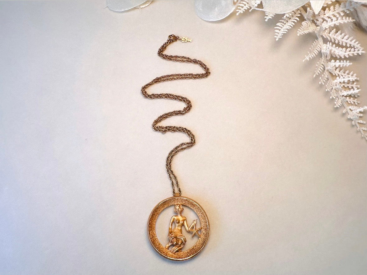 RARE Vintage Virgo Zodiac Necklace, Signed Trifari Star Sign Astrology Necklace September Birthday Gift Necklace, Long Gold Pendant Necklace