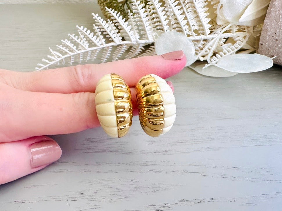 Vintage Kenneth Jay Lane Two Tone Shrimp Huggie Hoop Earrings, 80s Designer Vintage Earrings, Cream and Gold Textured Clip-On Earring