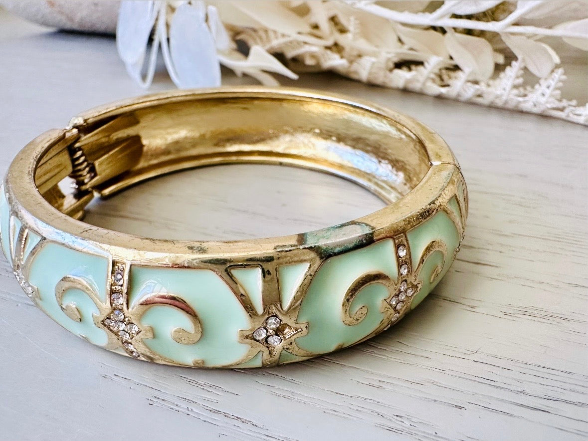 Mint Green Vintage Cuff, Gold Scroll Enamel with Diamond Rhinestone Accents, Hinged Cuff Bracelet, Classic Bracelet with Mint Green Enamel