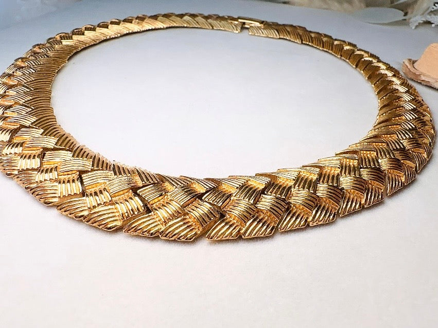 Gold Vintage Chain Necklace by Napier, Basket Weave Style Chunky Gold Woven Collar Necklace, Articulated Braided Thick Chain Necklace