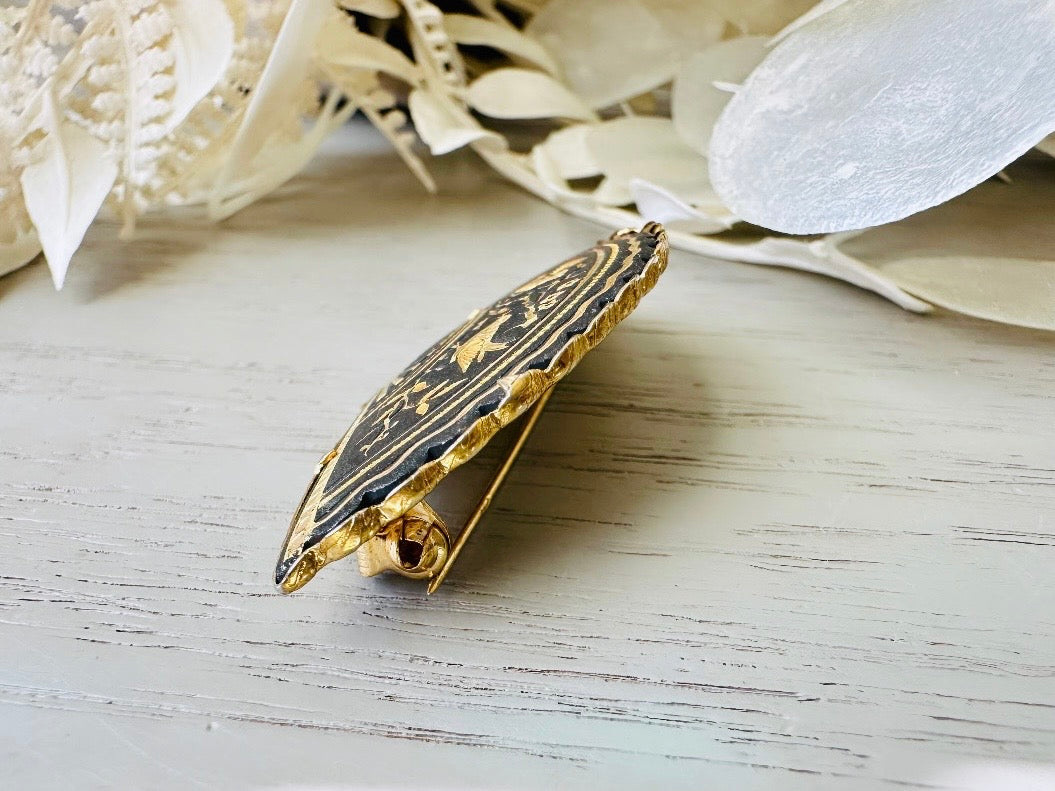 Vintage Damascene Brooch, Black and Gold Floral Bird Pin, Etched Gold on Matte Black Intricate Fan Brooch