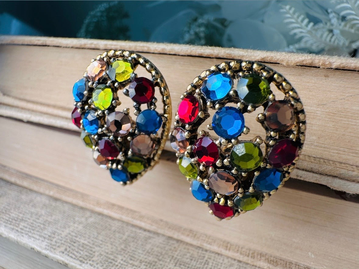 Vintage Rainbow Earrings, Colorful 60s Crystal Inverted Teardrop Clip Ons, Gorgeous Rhinestone Cocktail Earrings, Unique Statement Earrings