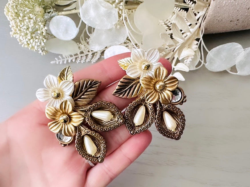 Extraordinary Vintage 1960's Pearl Flower Earrings, Huge Gold Bronze Pearl Leaf Climber Clip On Earrings, Big Floral Statement Earrings