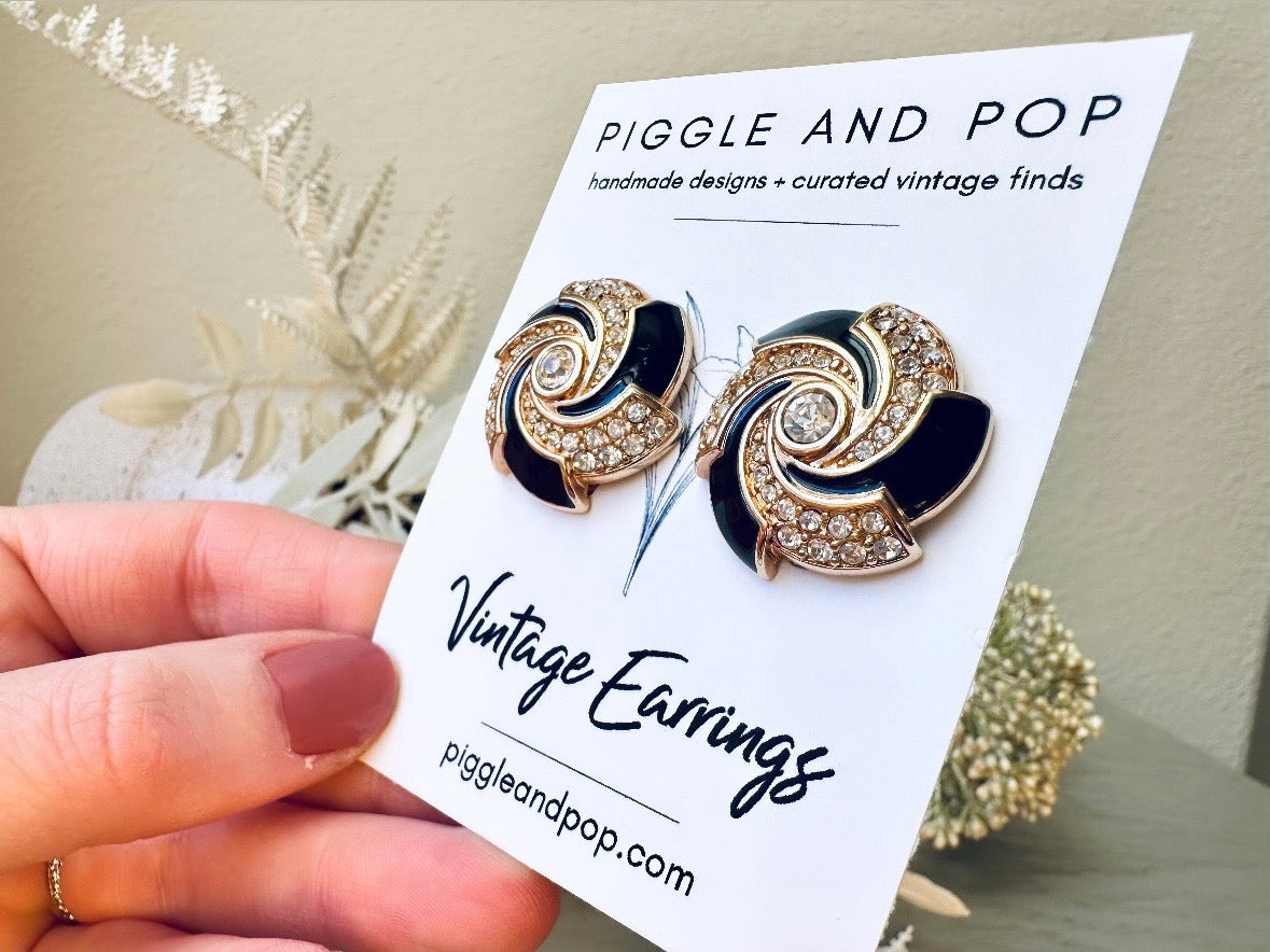 Black Rhinestone Spiral Earrings, Vintage Gold Earrings Black Enamel & Channel Set Diamond Rhinestones, Clip On Earrings for Nonpierced Ears