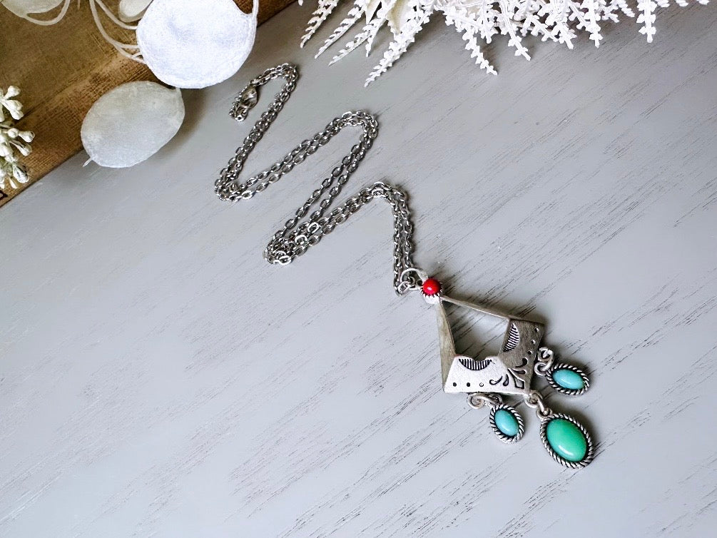 70s Vintage Long Silver Charm Necklace, Silver Tone Southwestern Necklace with Turquoise and Red Stones, Beautiful Vintage Pendant Necklace