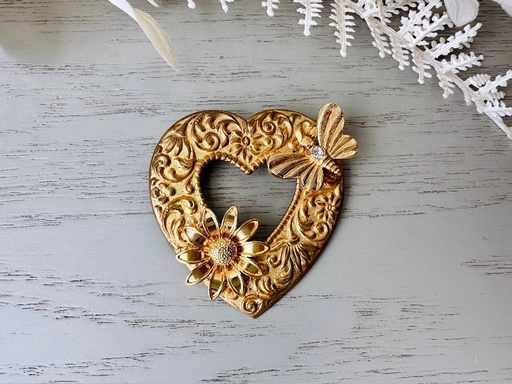 Vintage Heart Brooch, Romantic Regency Era Embossed Gold Heart Pin with Intricate Scrollwork, Raised Sunflower and Rhinestone Butterfly